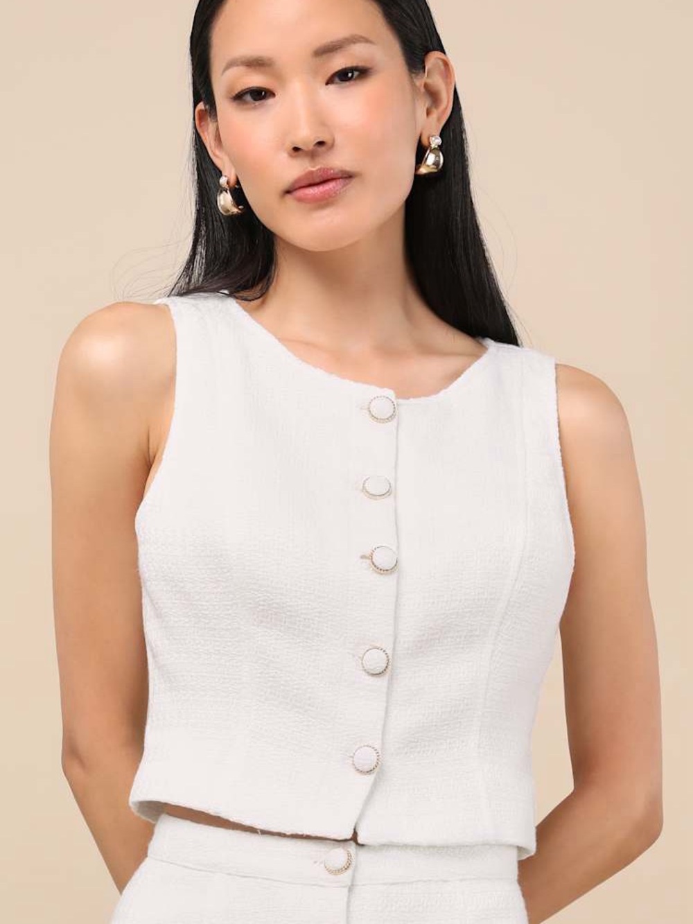 NWT Lulus Monique White Tweed Button-Up Vest Top Size Medium